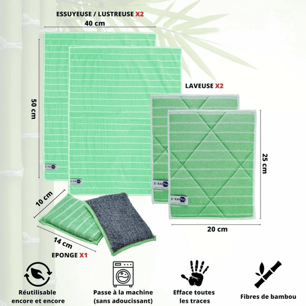 Lote de 5 Paños de Microfibra de Bambú (2 toallas, 2 paños brillantes + 1 esponja)